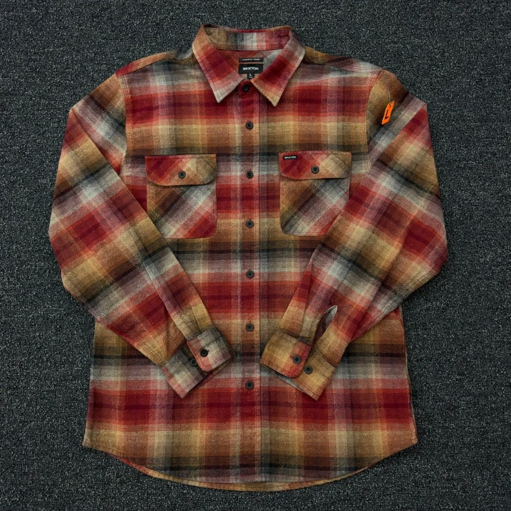 Brixton Bowery Flannel Shirt Mens Large Red Orange Plaid Long‎ Sleeve Button Up